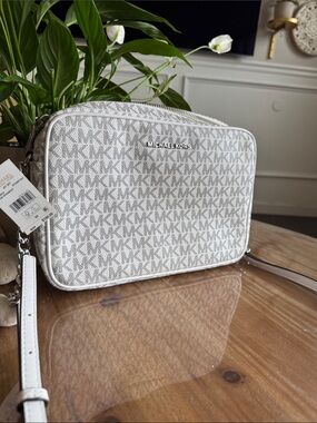 Michael Kors White and Gray MK Monogram Crossbody